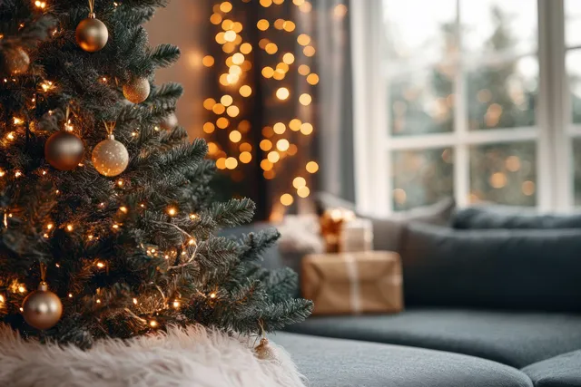 Cozy Christmas living room with decorated tree, warm bokeh lights, and glowing garland