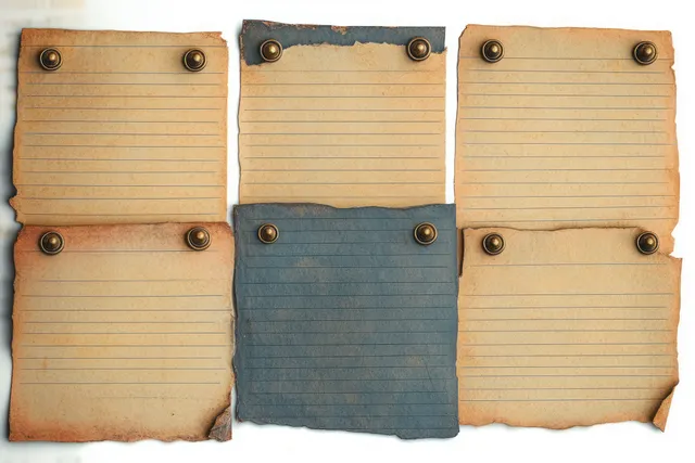 Six pinned torn lined paper sheets on white background arranged in two rows with brown and blue weathered textures.