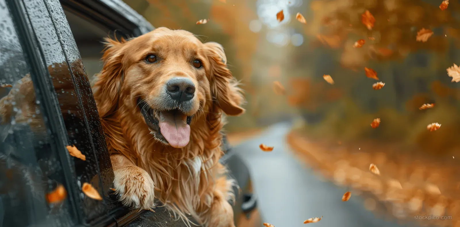 Golden retriever looks out a car window while autumn leaves fall past it.
