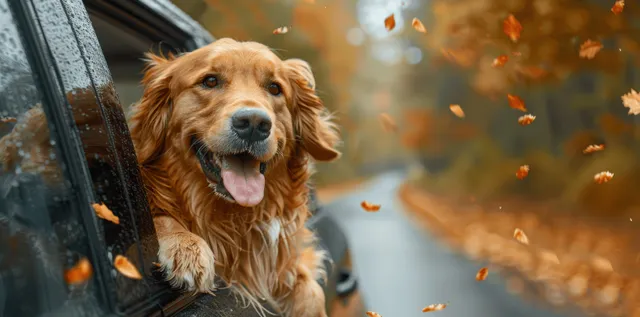 Golden retriever looks out a car window while autumn leaves fall past it.