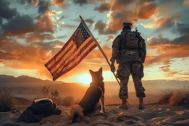 An American soldier walks beside a service dog while holding a flag on a mountain ridge at sunset.
