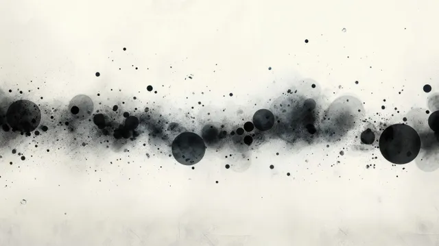 Black ink-like circles and specks scatter across a textured white background.