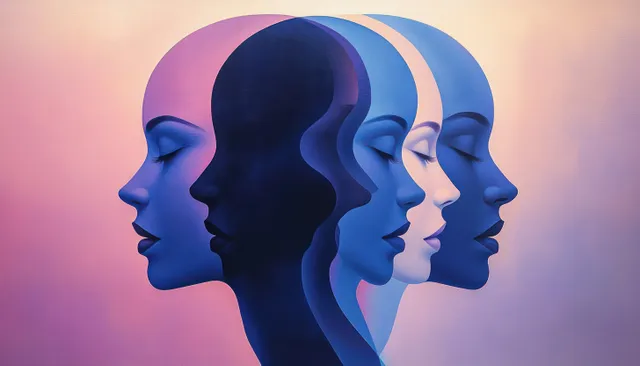 Overlapping translucent side profiles of a human face in blue and purple gradient