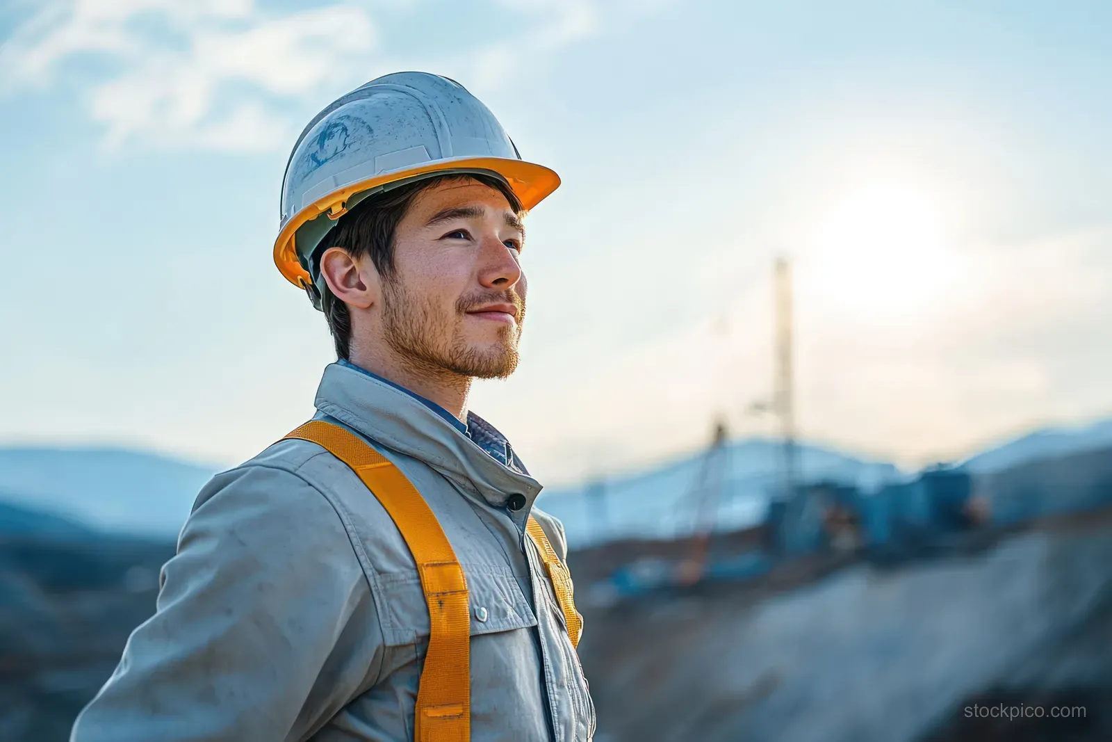 A construction worker in a hard hat and safety vest stands outdoors on a building site under bright blue sky.