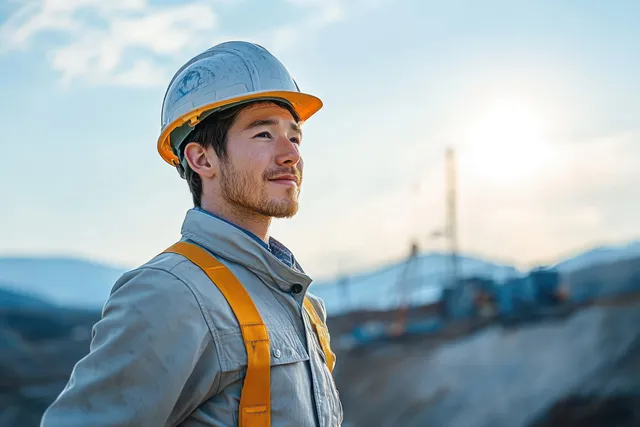 Construction worker in hard hat and safety vest at site under bright blue sky