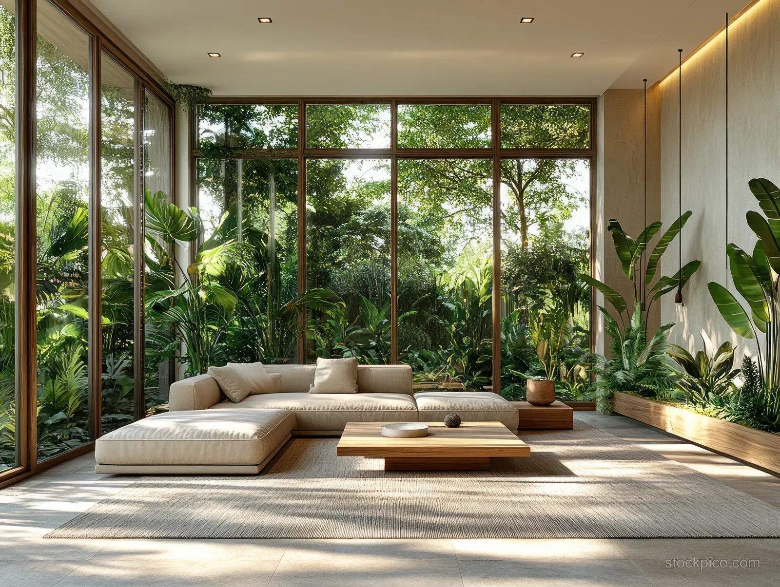 Grey sofa and wooden coffee table sit in a sunlit living room with floor-to-ceiling glass walls and lush green plants.