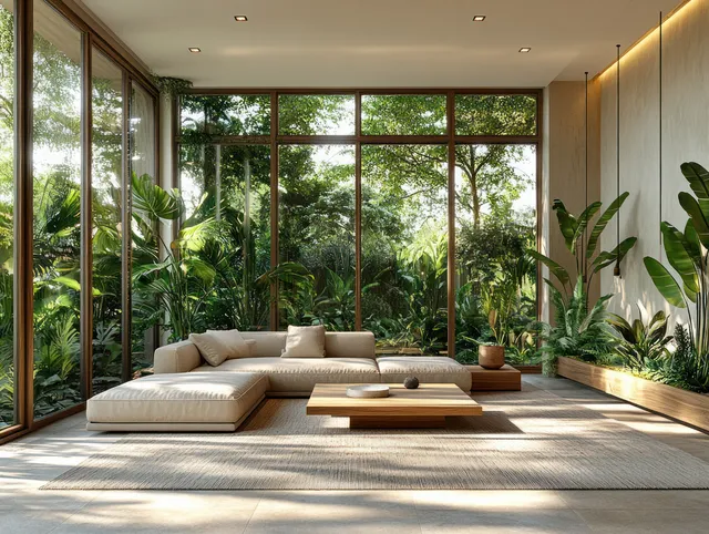 Grey sofa and wooden coffee table sit in a sunlit living room with floor-to-ceiling glass walls and lush green plants.