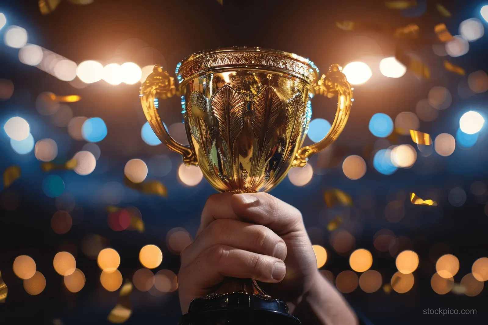An athlete holds up a gold trophy cup in a night stadium with bright spotlights and glowing bokeh lights behind.