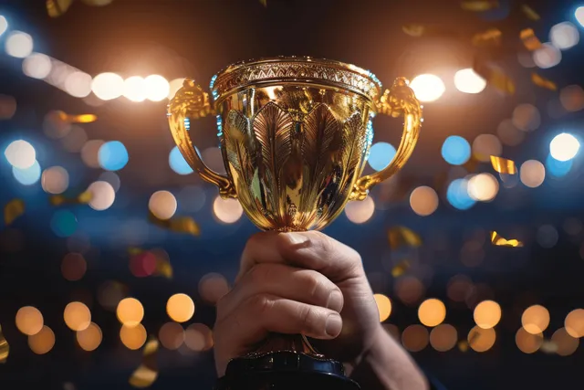 An athlete holds up a gold trophy cup in a night stadium with bright spotlights and glowing bokeh lights behind.