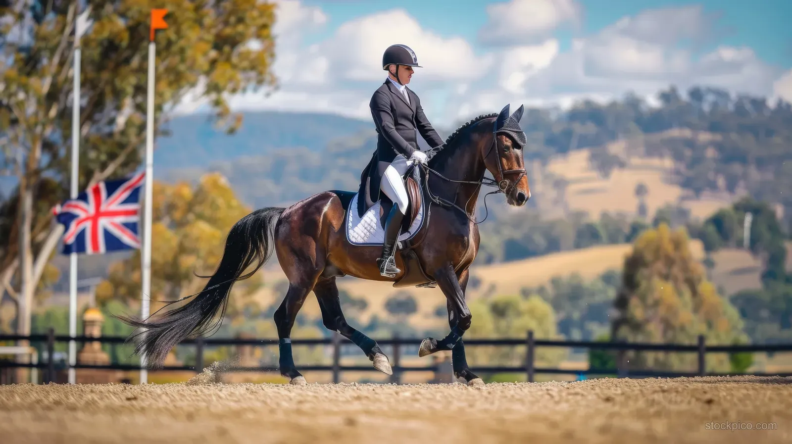 A dressage rider in white and black guides a dark horse through a collected trot in an outdoor arena.