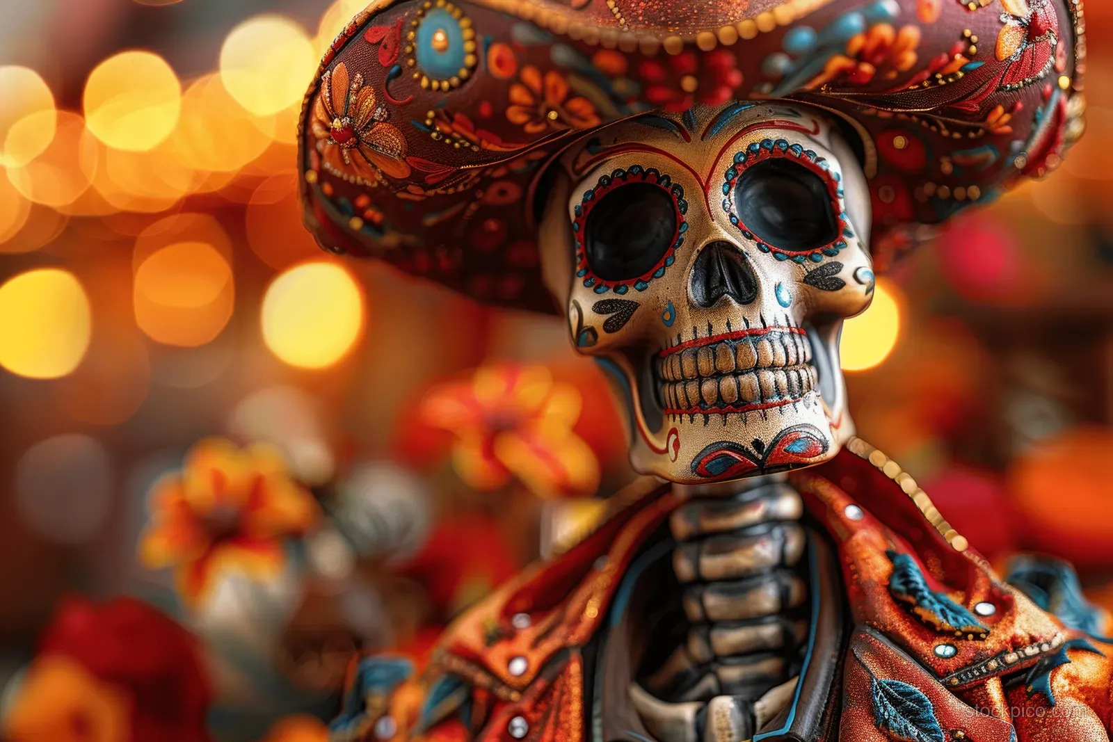 Painted Day of the Dead skeleton figurine in a decorated hat and suit with warm blurred festival lights behind.