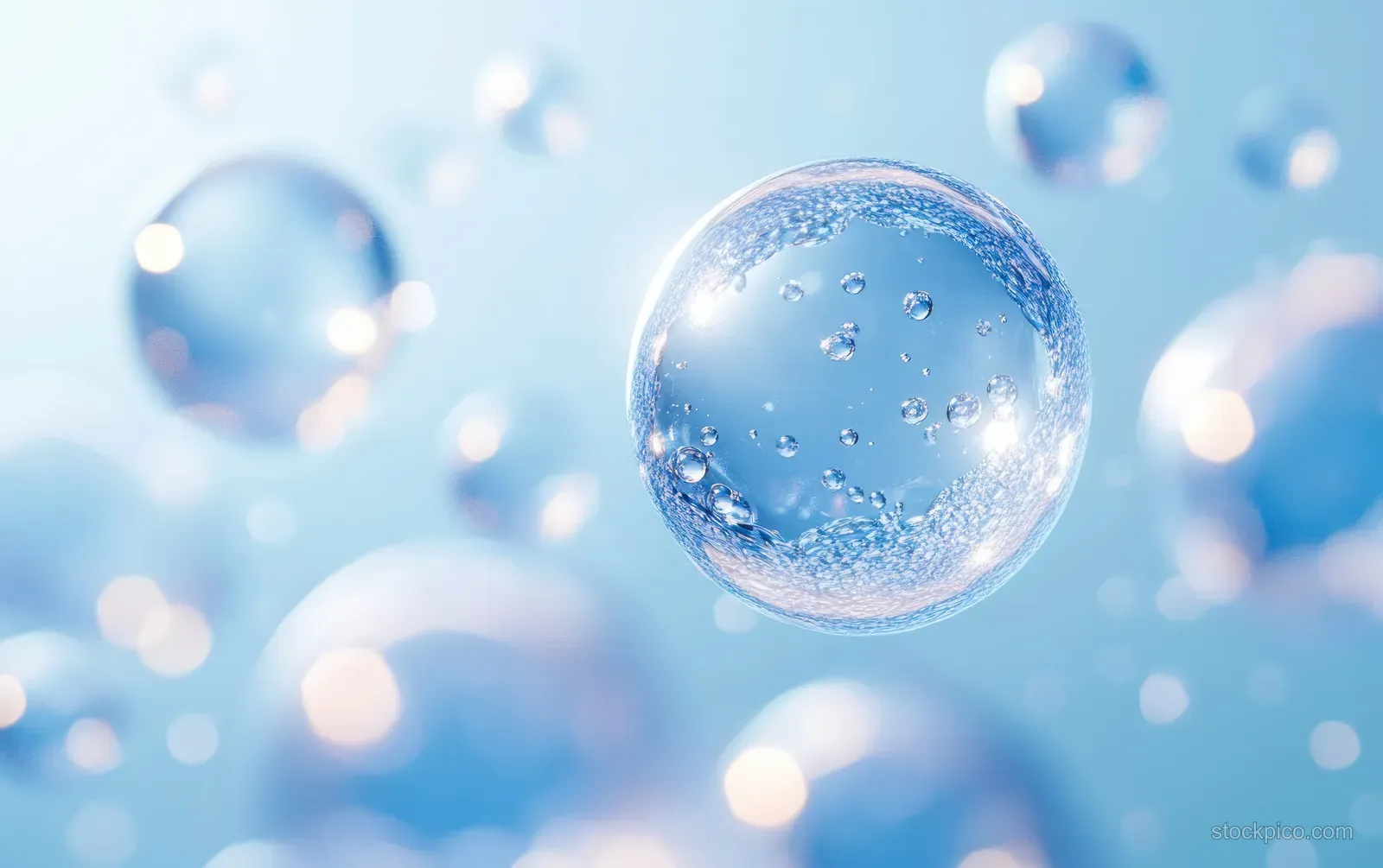 Transparent blue microbubbles float with soft light reflections across a cool laboratory background.