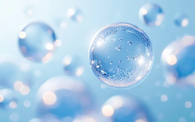 Transparent blue microbubbles float with soft light reflections across a cool laboratory background.