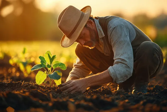 Farmer in hat planting a young seedling in warm soil at golden hour light