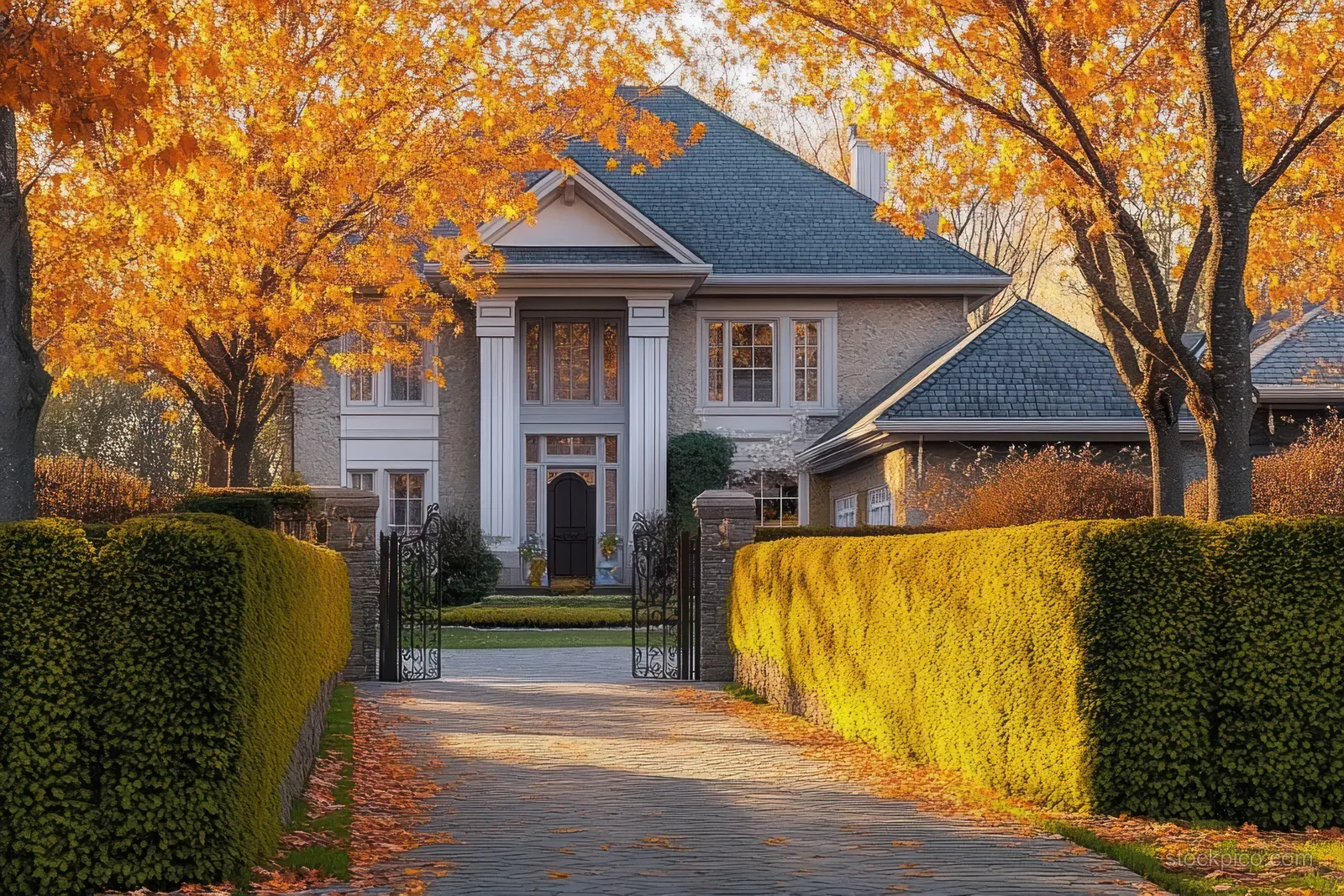 A two-story suburban house with white columns and manicured hedges lines a driveway under orange autumn trees.