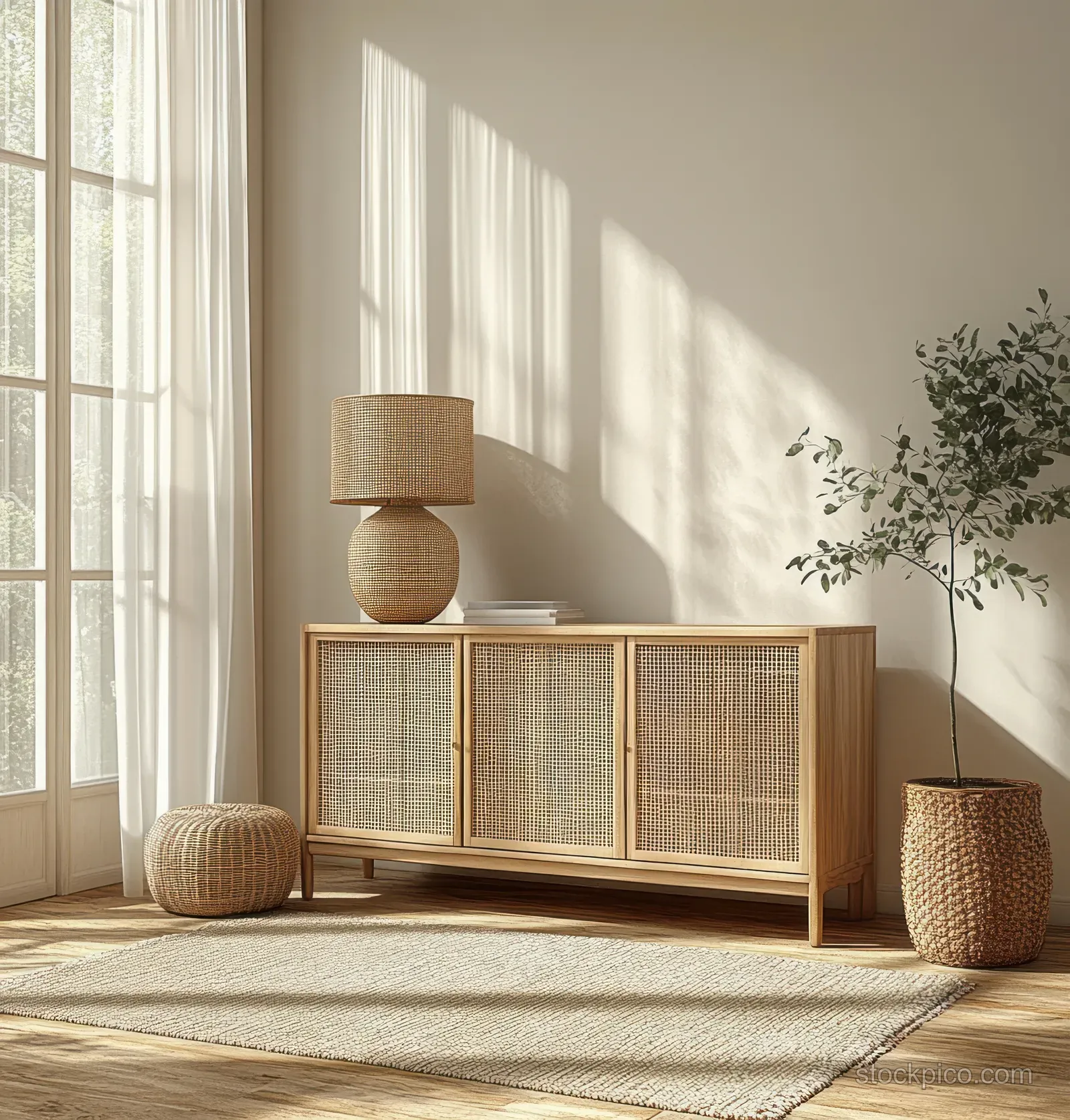 Light wood cabinet with woven doors sits beside a striped rug and potted plants in a bright Scandinavian living room.