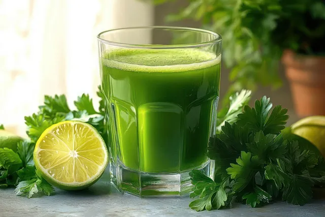 Bright green juice in a clear glass with parsley sprigs and a halved lime on a rustic wooden table.