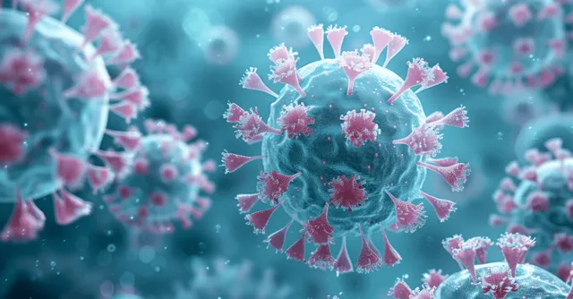 3D coronavirus particles floating in blue bioluminescent microbe landscape with depth blur