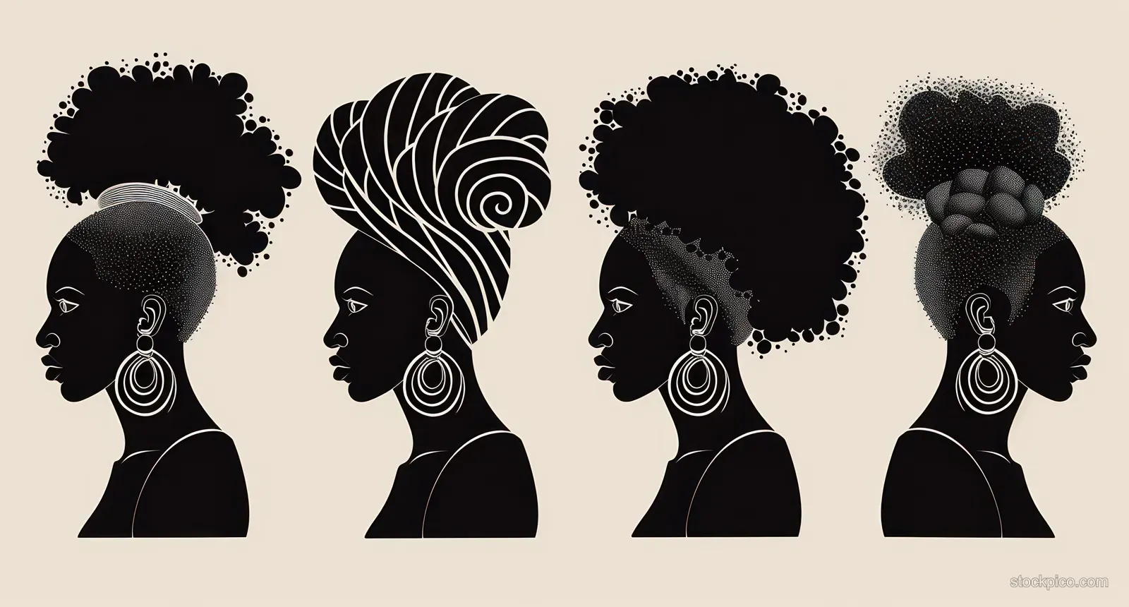 Four side-profile women with textured natural hairstyles and large hoop earrings appear on a beige background.