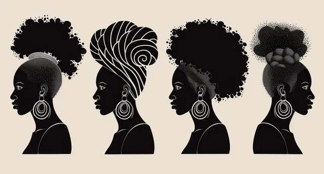 Four side-profile women with textured natural hairstyles and large hoop earrings appear on a beige background.