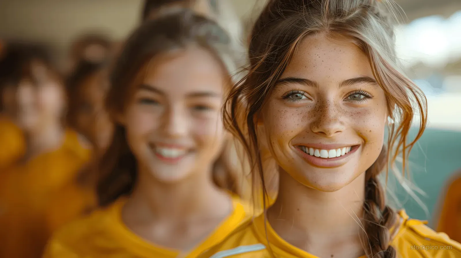 Smiling teen girls soccer team holding a ball on a school field in blue uniforms during daylight.