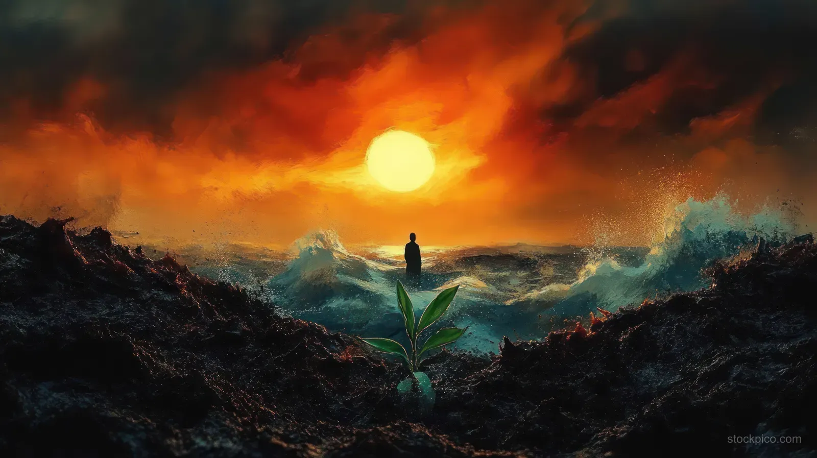 A lone silhouette stands in rough ocean waves beneath a fiery sunset, with a green plant in the foreground.