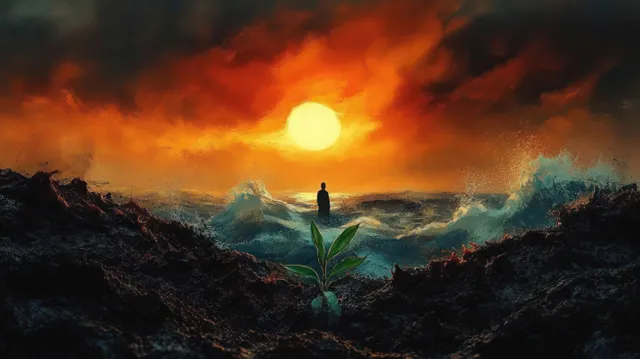 Lone figure in turbulent waves under fiery sunset with green plant