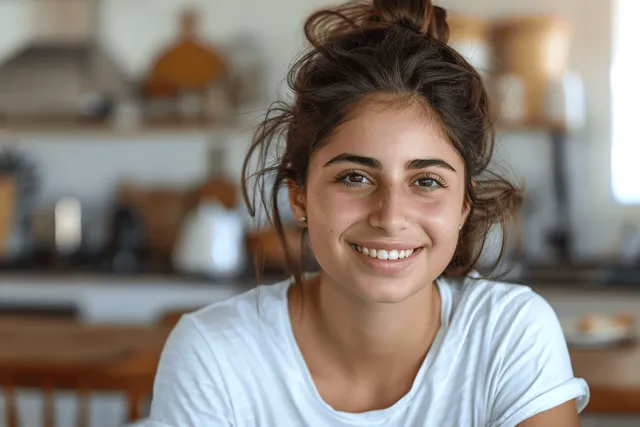 Smiling young woman in white T-shirt in a cozy home kitchen with warm light