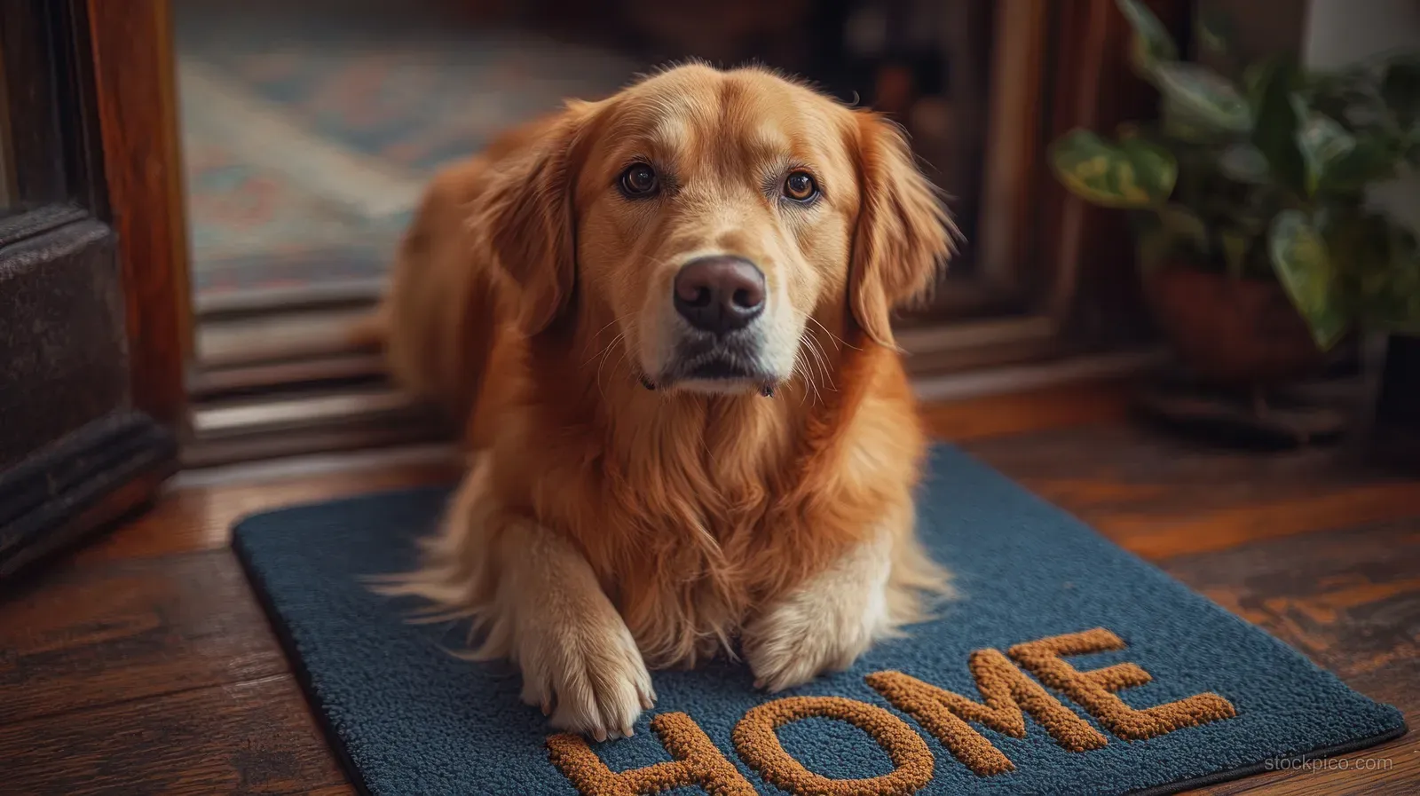 A golden retriever rests on a blue doormat reading “HOME” in a sunlit home entryway.