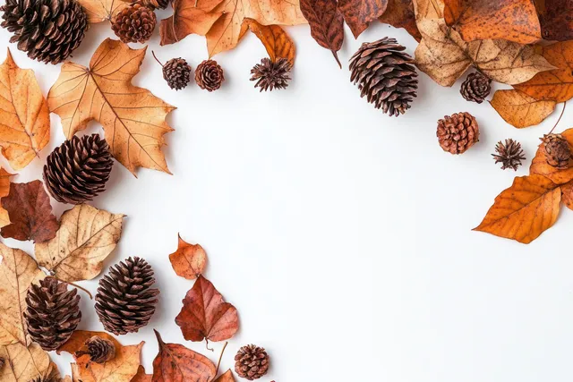 Dried autumn leaves and pine cones arranged in a circular frame on a white background.