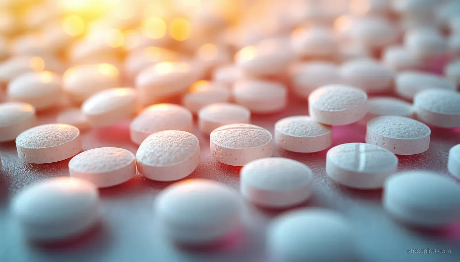 White and pink antiviral pills scattered on a clinical surface with soft reflections and blurred background.