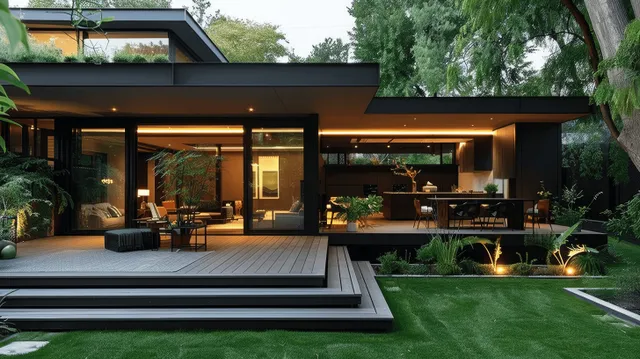 Modern Melbourne home renovation with open plan interiors, wooden deck, and glowing backyard lights
