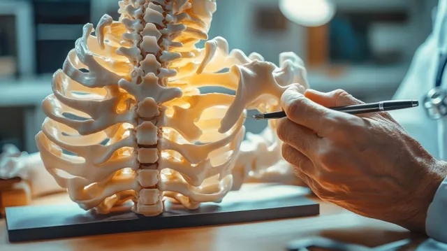 A hand holds a pen pointing at the rib cage and spine on a detailed anatomical model under warm light.