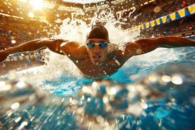 An athlete swimming butterfly with arms extended, sending a large splash across the pool during competition.