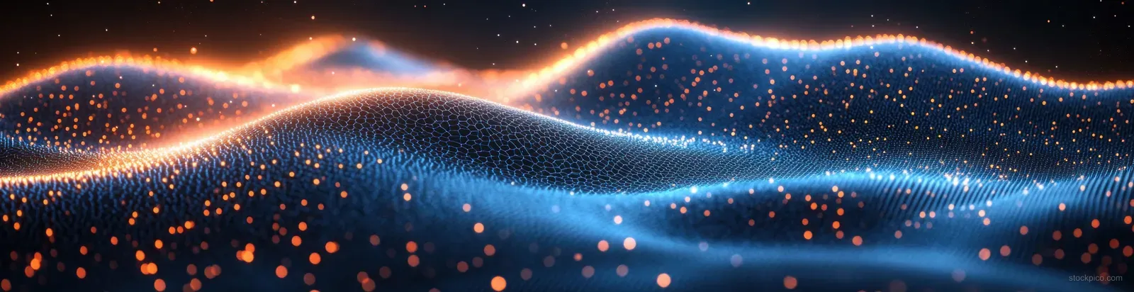 Blue and orange light waves with sparkling particles on a dark abstract background.