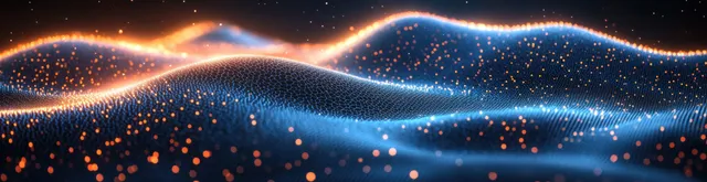 Blue and orange light waves with sparkling particles on a dark abstract background.
