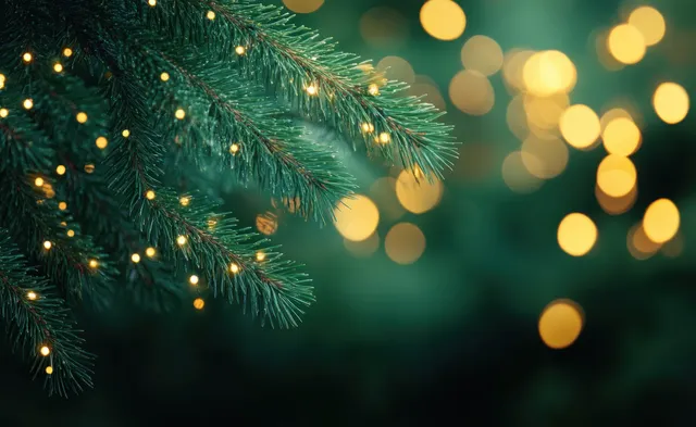 Pine Tree Branches with Soft Golden Bokeh Lights on Green Background