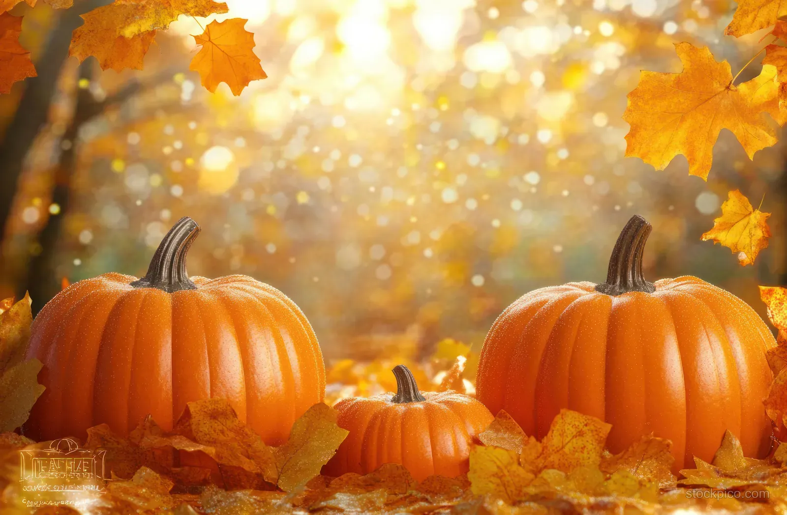 Orange pumpkins sit on golden autumn leaves beside an empty picture-frame area and blurred park bokeh lights.