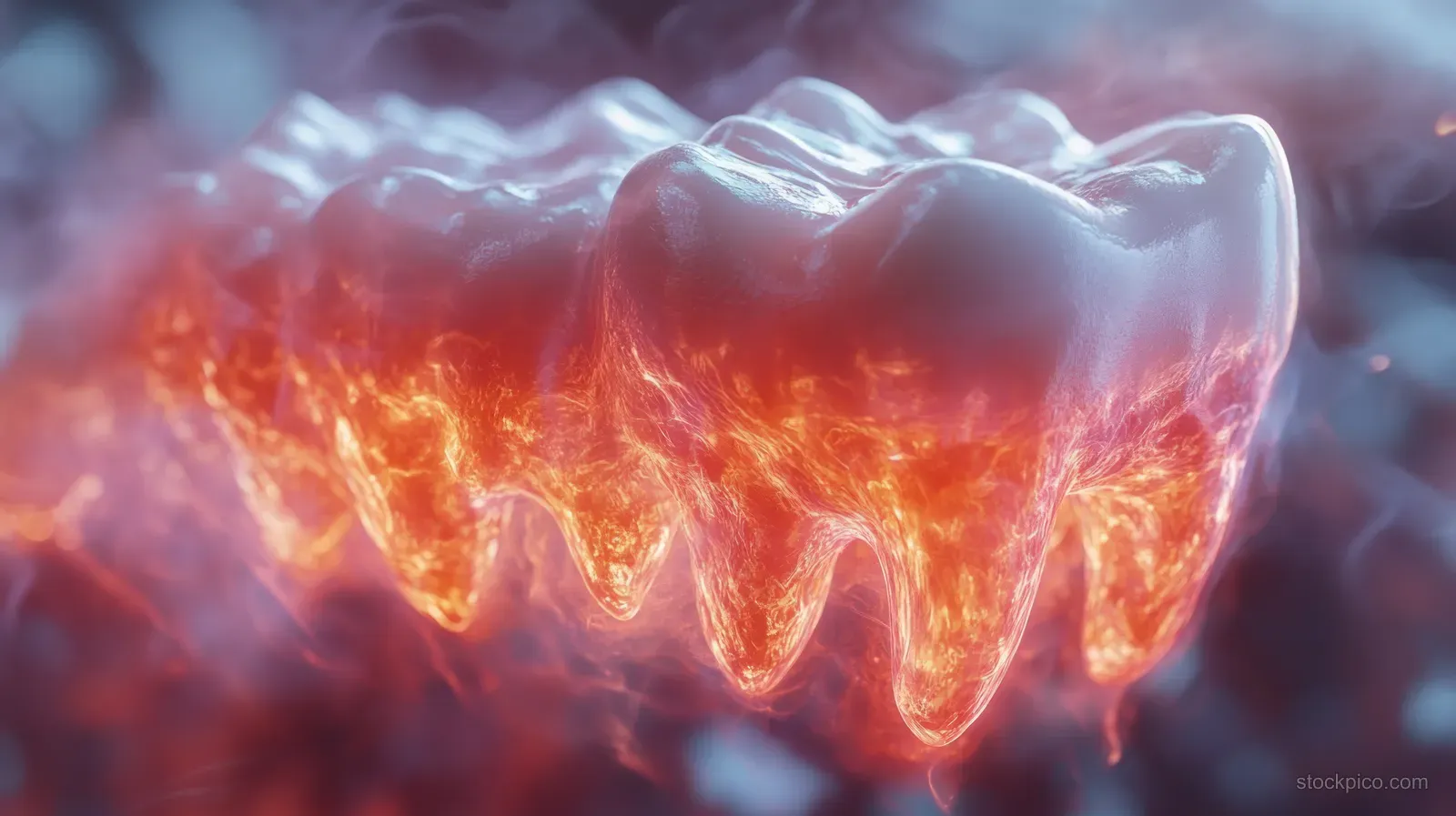 Inflamed tooth and gums glow with orange infection lines inside a dark smoky medical 3D illustration.