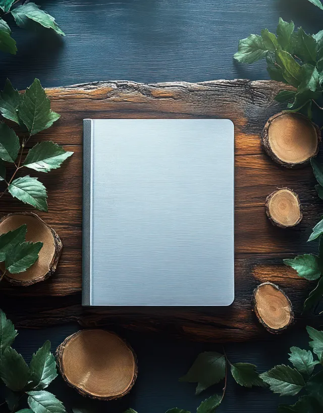 Closed silver book on a rustic wooden board with green leaves and round tree-ring wood slices on a dark surface.