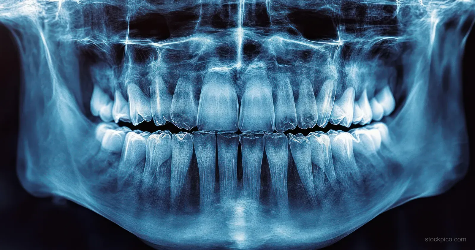 Panoramic dental x-ray reveals adult teeth and jaw bones with tooth roots highlighted in blue.