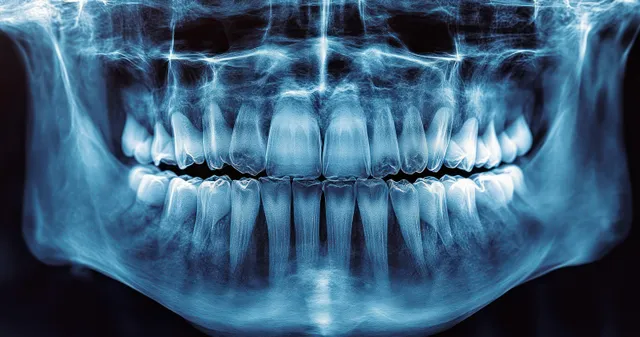 Panoramic dental x-ray reveals adult teeth and jaw bones with tooth roots highlighted in blue.