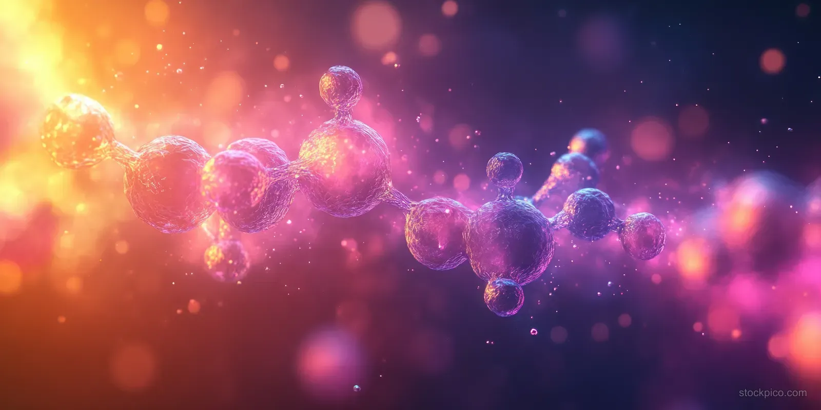 Glowing abstract molecules connected by lines float across a soft pastel hexagon pattern background.