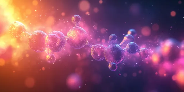 Glowing abstract molecules connected by lines float across a soft pastel hexagon pattern background.