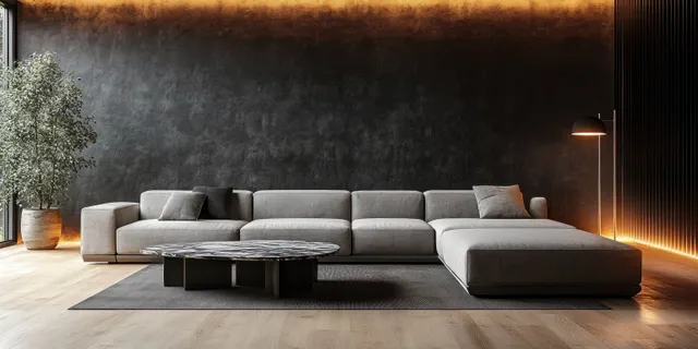 Grey modular sectional sofa arranged in a black minimalist living room with warm wall lights and a marble coffee table.