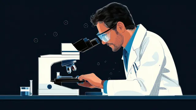 A lab scientist in a white coat examines microscope slides on a bench in a dark laboratory.