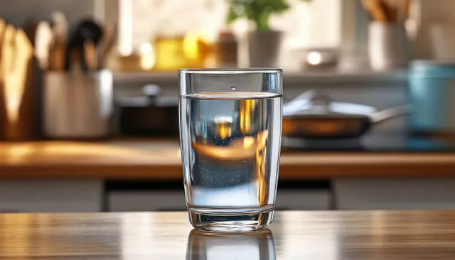 A glass of clear still water rests on a wooden countertop with blurred kitchen cookware in the background.