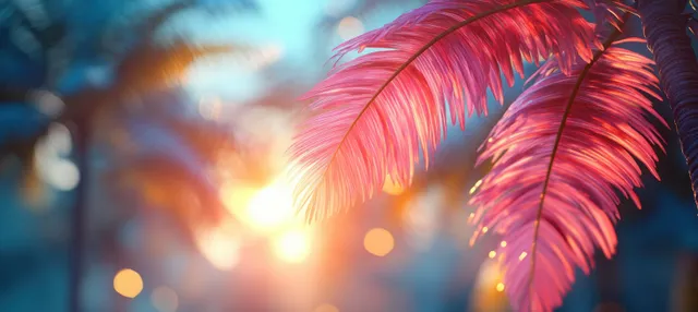 Sunlit palm fronds in a blurred Easter procession street scene