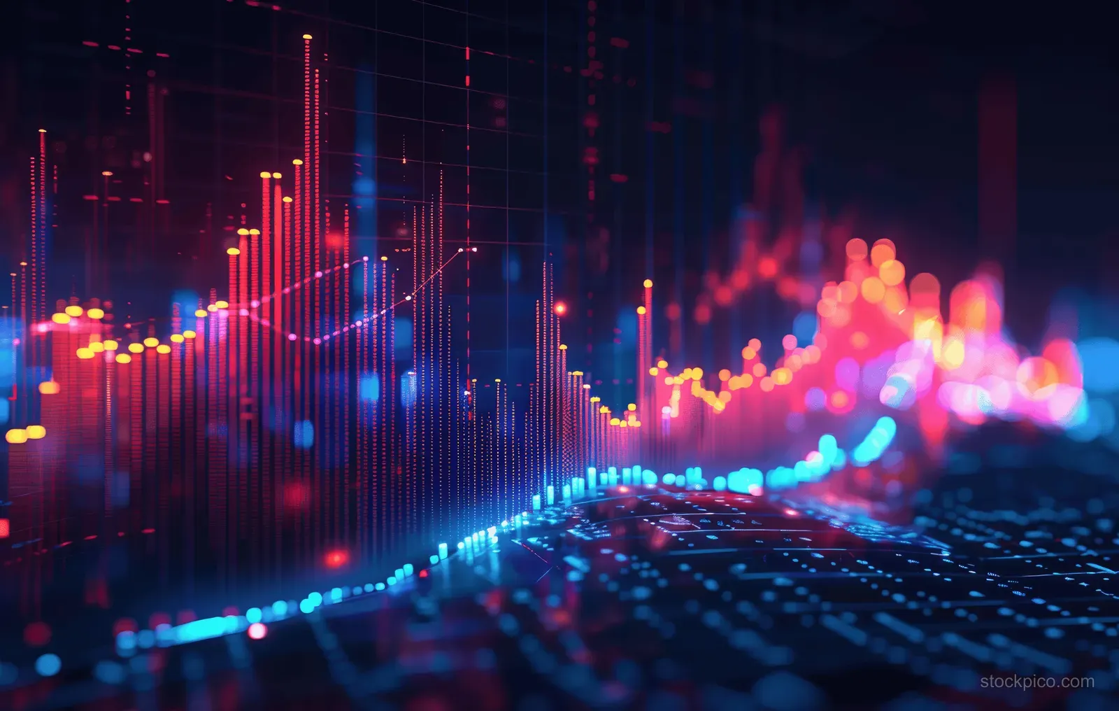 Neon candlestick stock chart and glowing financial growth lines overlay a futuristic data grid at night.