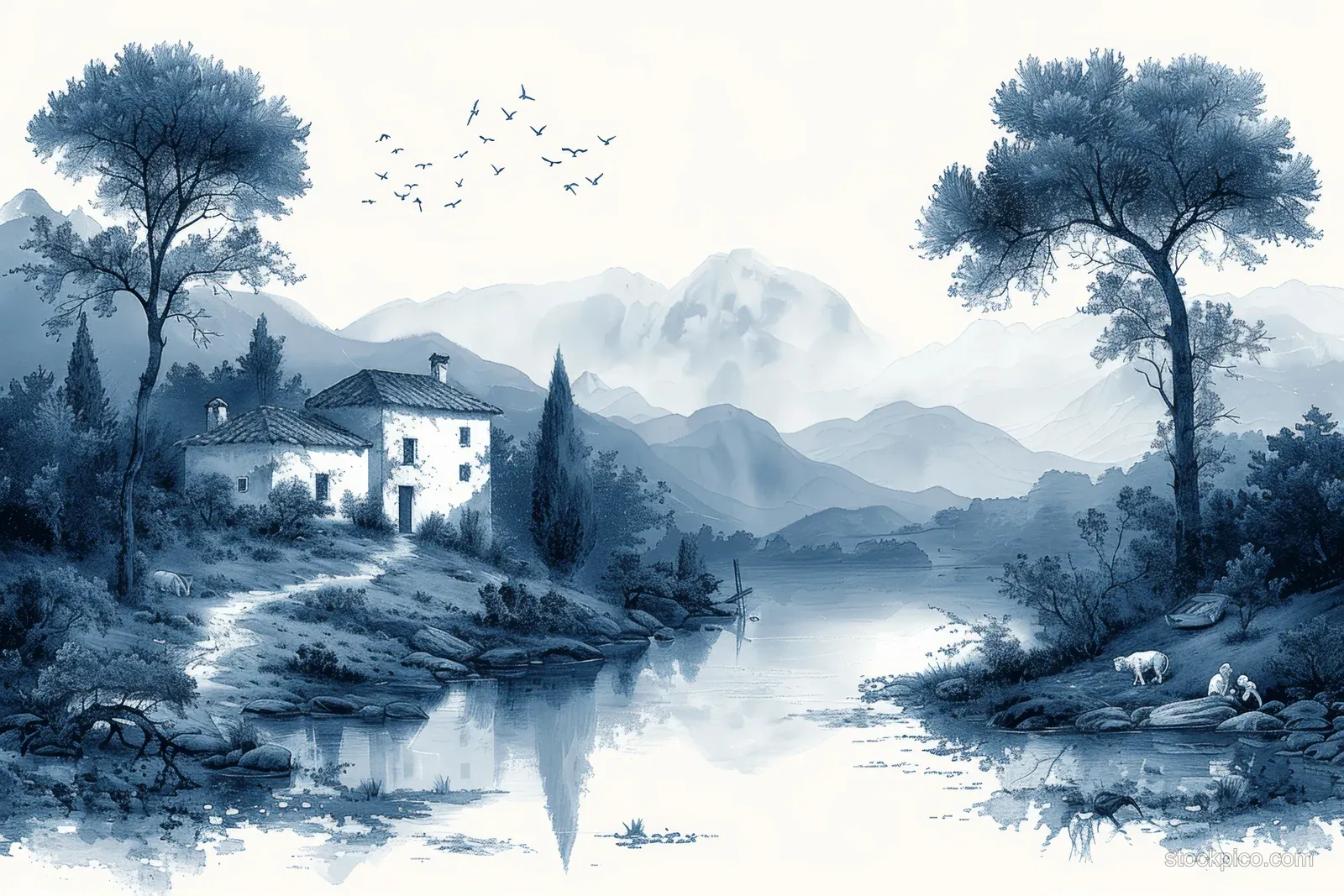 Blue and white toile de Jouy landscape shows a misty river, birds in flight, trees, and a cottage with mountains.